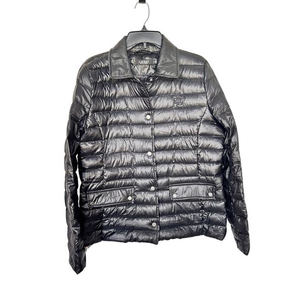 Lauren Ralph Lauren Women's down Snap Button Front Puffer Jacket Black‎ Large - Picture 1 of 11